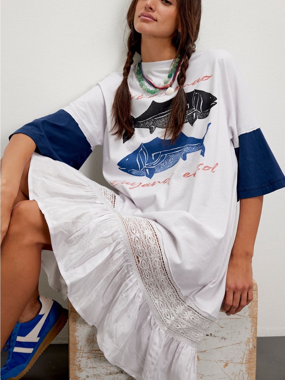 Free People Toro Fish Graphic Tee Midi Dress White Navy Coastal Boho Beach Sz L - Picture 4 of 15